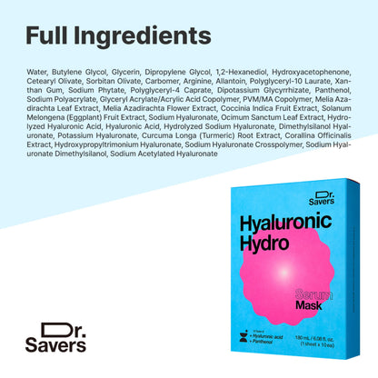 Dr. Savers Hyaluronic Acid Face Serum Mask, 0.60 Fl Oz, Deep Hydrating & Repair Skin Barrier with Panthenol, Lightweight, Non-Sticky, Moisturizing Dewy Skin,