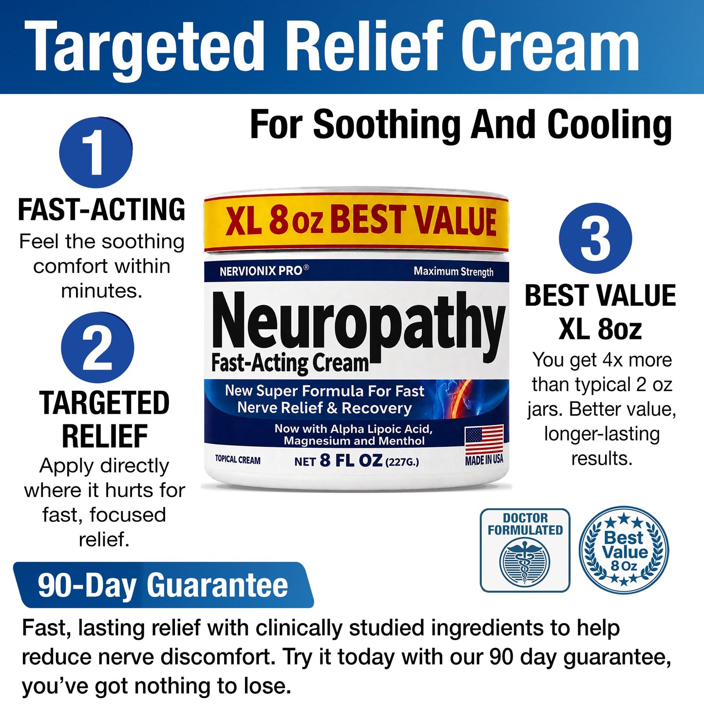 Neuropathy Nerve Relief Cream – Extra Large 8 oz – Maximum Strength for Feet Hands Legs Toes Back – Natural Ingredients Arnica Aloe Vera MSM Vitamins