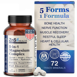 Supplement bottle and packaging of Zns Health 5-in-1 Magnesium Complex with text on benefits.
