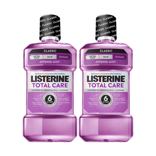 Listerine Mouthwash Total Care Anti Cavity Treatment for Adults Kills 99.9% of Bad Breath Germs in Intense Mint Antibacterial Fluoride Mouthwash,