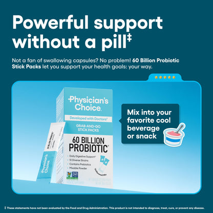 Physician’s Choice 60 Billion CFU Probiotic Stick Packs - 10 Strains + Prebiotics - Immune, Digestive & Gut Health - Supports Occasional Constipation, Diarrhea, Gas & Bloating - for Women & Men - 24CT
