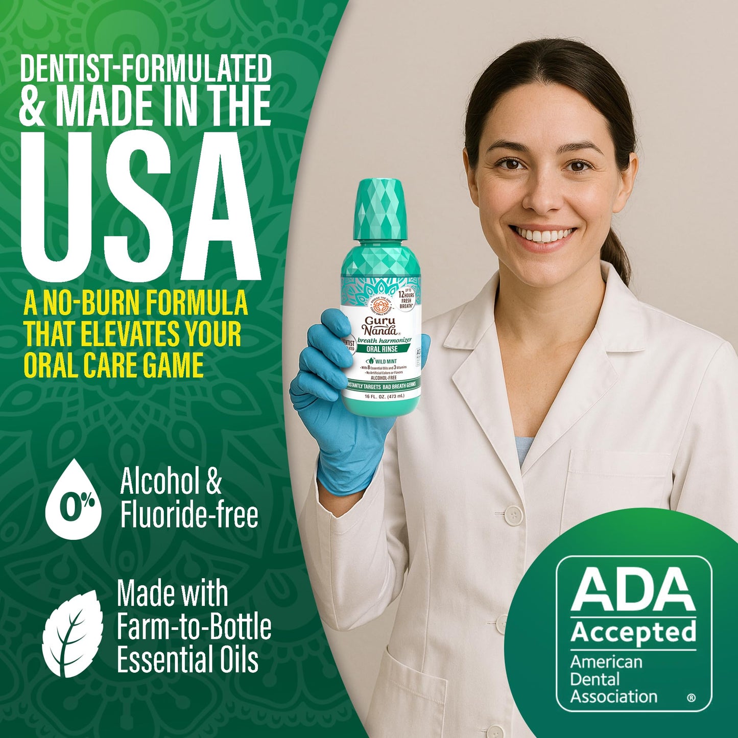 GuruNanda Oral Rinse Fresh Breath Mouthwash, ADA-Accepted Alcohol-Free Mouthwash, 7 Essential Oils & Vitamins, SLS & Flouride-Free, Wild Mint, 16 Oz
