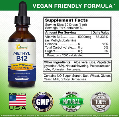 aSquared Nutrition Vitamin B12 Sublingual Liquid Drops - 5000 MCG Supplement with Methylcobalamin (Methyl B-12) - Max Absorption