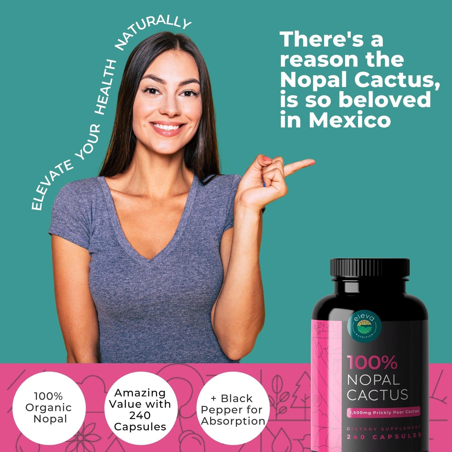 Nopal Cactus Capsules 1500mg- Organic Sun-Dried Prickly Pear Cactus Powder & Black Pepper Extract for Absorption- Natural Prickly Pear Super Supplement