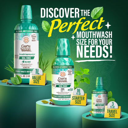 GuruNanda Oral Rinse Fresh Breath Mouthwash, ADA-Accepted Alcohol-Free Mouthwash, 7 Essential Oils & Vitamins, SLS & Flouride-Free, Wild Mint, 16 Oz
