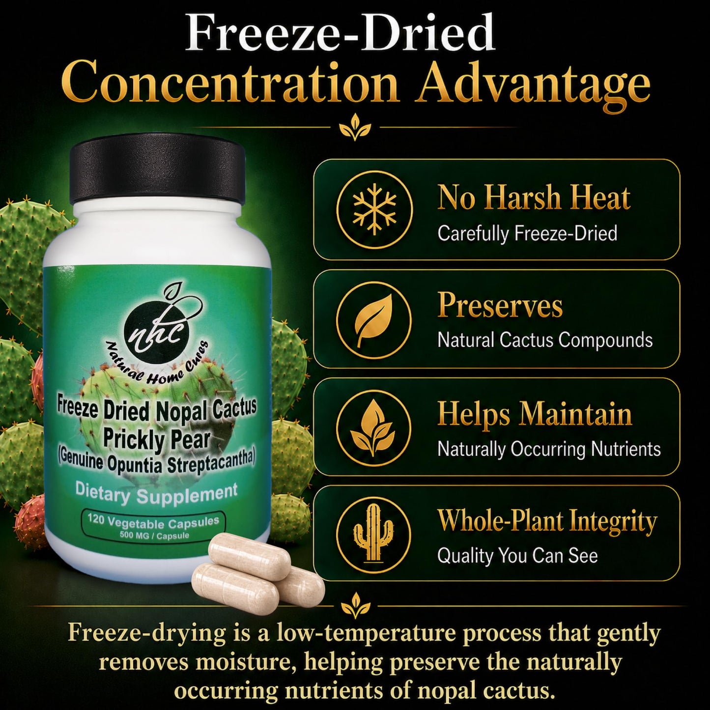Natural Home Cures Premium Freeze-Dried Nopal Cactus Capsules, Mountain-Grown in Mexico, Whole Prickly Pear Cactus Powder Supplement, No Fillers