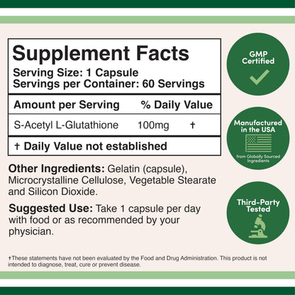 S-Acetyl L-Glutathione Capsules - 100mg, 60 Count (Acetylated Glutathione Antioxidant - More Absorbable Than Glutathione and Liposomal Glutathione, Non-GMO and Gluten Free) by Double Wood