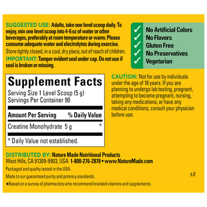 Nature Made Micronized Creatine Monohydrate Powder 5 g per Serving, Unflavored Drink Mix Powder, Muscle Support, 450 g, 90 Day Supply