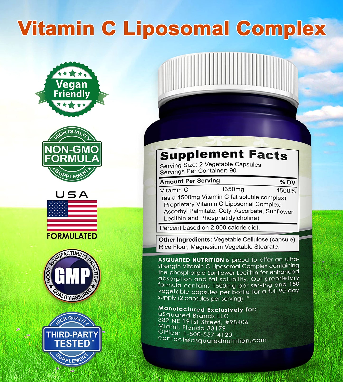 aSquared Nutrition Vitamin C Liposomal Complex - 1500mg Supplement - 180 Capsules - High Absorption VIT C Ascorbic Acid Pills - Supports Immune System