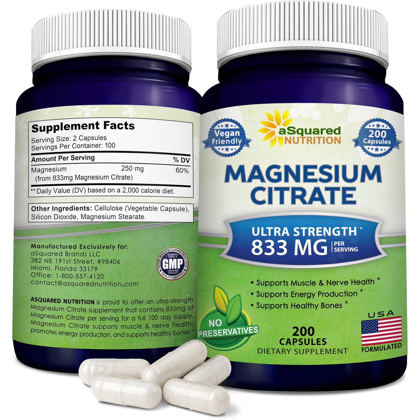 aSquared Nutrition Magnesium Citrate 833mg Supplement - 200 Capsules - Max Strength Vegan Mag Citrate Powder Pills to Support Pure Function of Muscles,