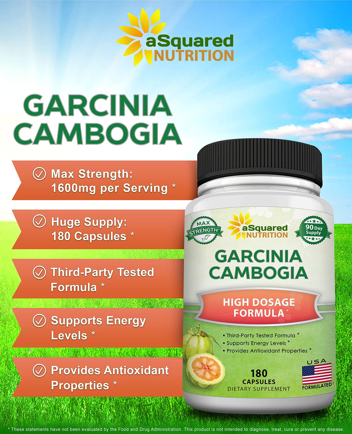 aSquared Nutrition Garcinia Cambogia 1600mg-180 Capsules-Natural Pure Extract Pills for Brain Health- Standardized Ultra HCA & Garcinia Cambogia Supplement