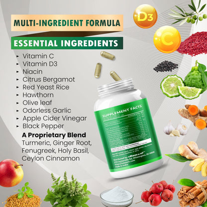Citrus Bergamot Supplement - 15-in-1 Natural Blend with Red Yeast Rice Hawthorn Olive Leaf Odorless Garlic Turmeric Ginger Fenugreek - 150 Count