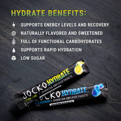 Jocko Fuel Packets Low Sugar - Hydration Amplifier Packets for Recovery, Dehydration, & Exercise - with Vitamins B6, B12 & C (16 Packets) Lemon Lime