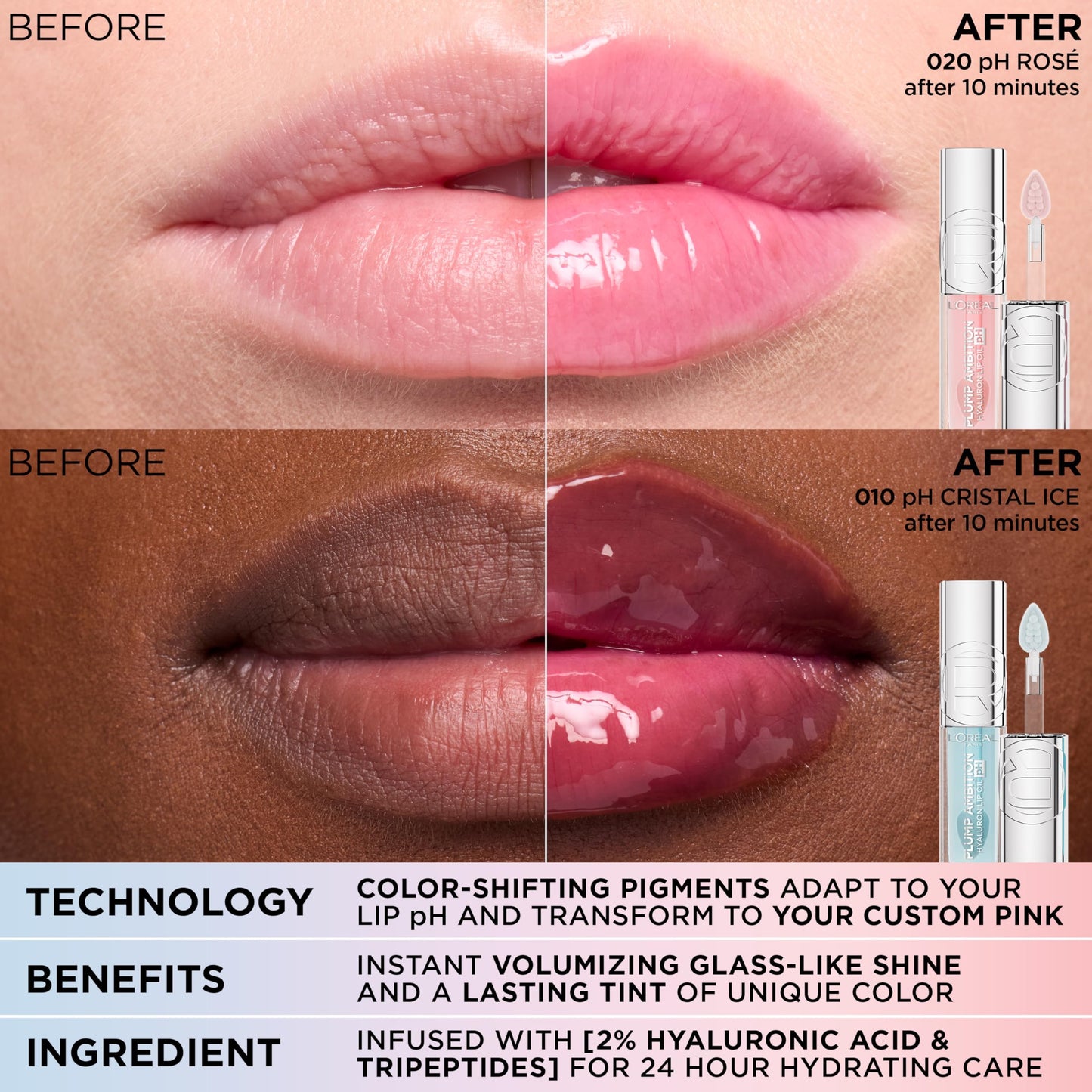 L'Oreal Paris Plump Ambition pH Hyaluron Lip Oil, Color Shifting Lip Tint with 24HR Hydration, Volumizing Shine and Lasting Color, 090 pH Berry Noir